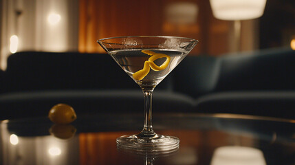 crystal martini glass with twisted lemon peel, soft bokeh background, velvet lounge setting