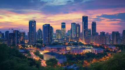 Fototapeta premium Bright glowing lights of district in megapolis under dusk sky in evening on blurred background . -