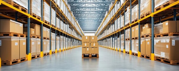 Fototapeta premium Organized warehouse with pallets, supply chain efficiency