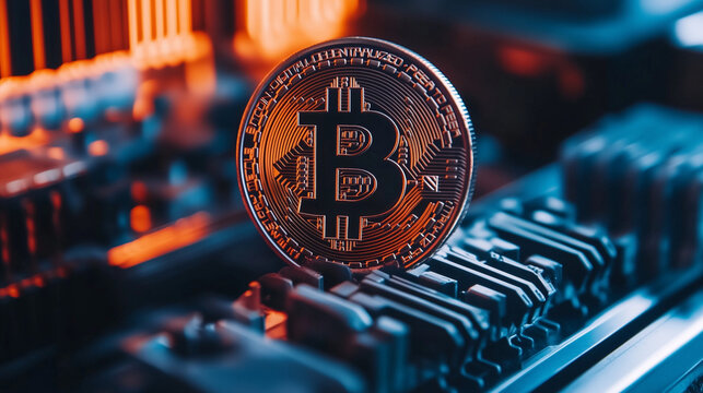 Bitcoin miners in large farm. ASIC mining equipment on stand racks mine cryptocurrency in steel container. Blockchain techology application specific integrated circuit datacenter. Server room lights.