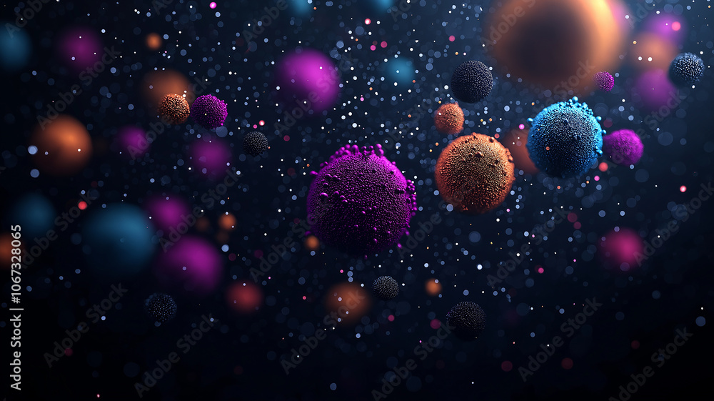 Leinwandbilder colorful viral particles float in dark microscopic view, showcasing vibrant textures and intricate d