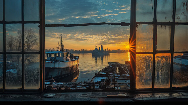 Dockyard winter sunset through the welding glass. Ruse city, Danube river, Bulgaria.