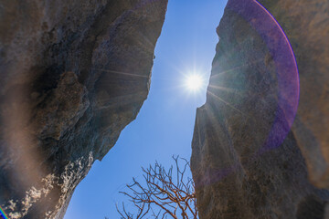 Sunlight illuminates the towering limestone formations against a clear blue sky. Captured in the Grands Tsingy area, known for its impressive rock structures, Bemaraha National Park, Madagascar.