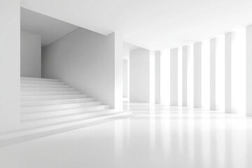 Fototapeta premium Contemporary art gallery with abstract paintings, clean white walls, modern and sophisticated ambiance, bright and inspiring, 3D illustration