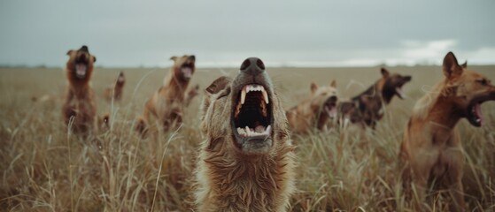 A group of wild dogs with mouths agape howl energetically in a vast grassy field, capturing the untamed spirit of nature and camaraderie.