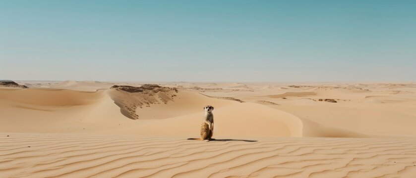 A meerkat stands watchfully in the vast desert under a clear blue sky, embodying resilience and adaptability in a landscape of endless sand dunes.