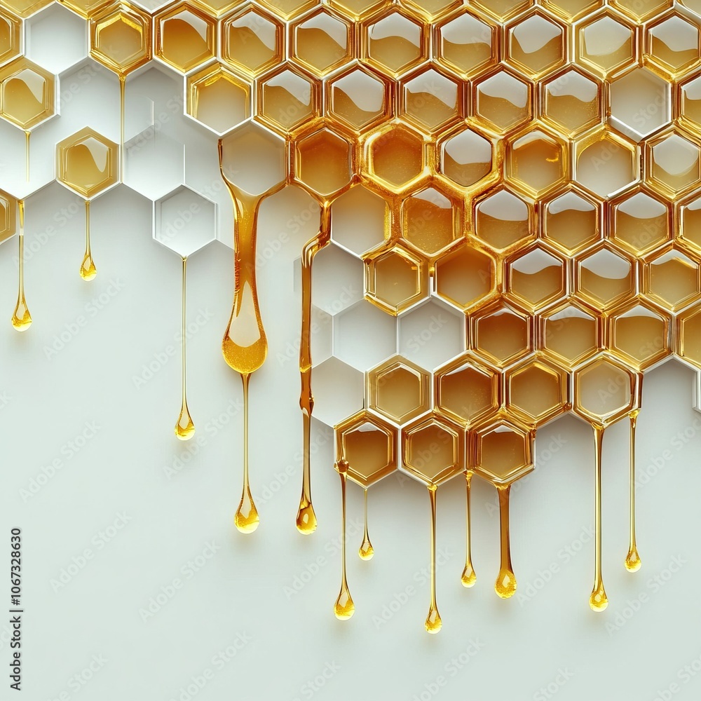 Poster a close-up of honeycomb with dripping honey, showcasing textures and colors in a visually appealing,