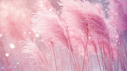 Beautiful winter nature background macro. Fluffy stems of tall grass under snow in winter in snowfall, toned pink. Fabulous fairy idyllic artistic image of winter. Very atmospheric picture.