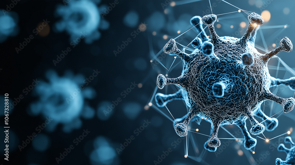 Poster realistic depiction of virus particles in dark, moody atmosphere, highlighting intricate details and