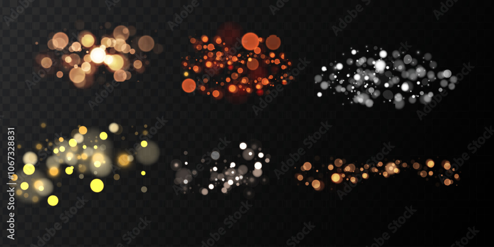 Poster Set of bokeh.Sparkling glare light effects with colorful shimmer. Beautiful lens flare effect with bokeh, glittery particles and rays. Shining abstract background. Vector illustration 