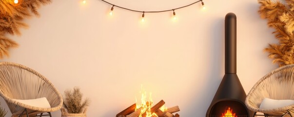 Cozy outdoor fireplace with chairs, string lights, and potted plants, inviting backyard setup, warm and comfortable, 3D illustration