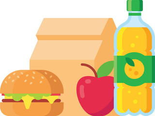 Brown paper lunch bag sits next to a burger, a red apple, and a bottle of orange juice, creating a balanced and nutritious meal