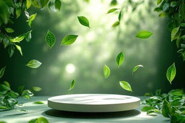 White circular podium surrounded by floating green leaves