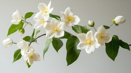 Obraz premium Delicate white flowers with yellow centers and vibrant green leaves arranged on a graceful branch, symbolizing purity, nature, beauty, growth, and serenity.