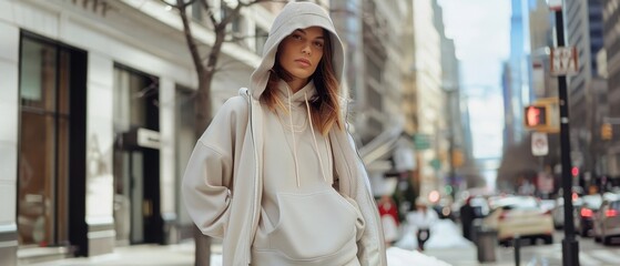 Obraz premium A fashionable figure in a hoodie struts confidently through a bustling city street, embodying urban style and contemporary attitude.