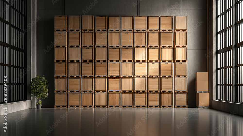 Aufkleber spacious warehouse with neatly stacked wooden crates and potted plant, illuminated by natural light 