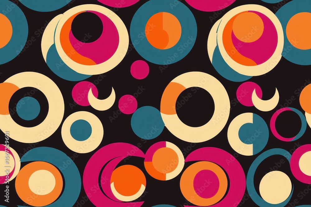 Poster vibrant abstract circles pattern with retro 70s geometric design in bold colors.