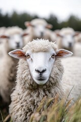 Obraz premium A charming illustration of a fluffy sheep standing in a green meadow, surrounded by bright wildflowers under a clear blue sky, encapsulating a serene farm atmosphere.