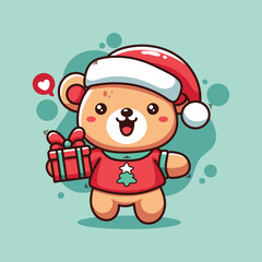 Cute teddy bear with christmas present, vector illustration.