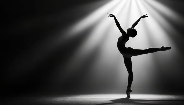 Elegant ballerina mid-pose on a dimly lit stage, surrounded by a soft spotlight, capturing grace, motion, and the beauty of ballet performance