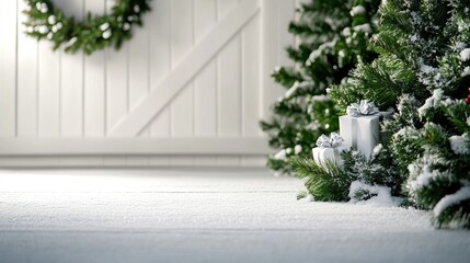 Fototapeta premium A cozy winter scene featuring a decorated Christmas tree, a snow-covered floor, and a festive wreath against a rustic white background.