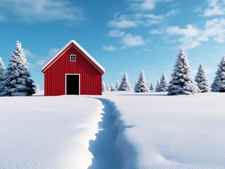 Naklejka premium A vibrant red barn contrasts beautifully against a snowy landscape, surrounded by evergreen trees under a bright blue sky.
