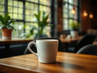 Fototapeta premium A cozy coffee shop scene featuring a white mug on a wooden table, surrounded by greenery. Perfect for conveying warmth and relaxation
