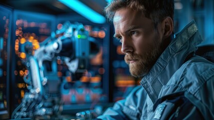 Obraz premium Futuristic engineer monitoring advanced ai robotics in high-tech control room