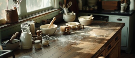 Sunlit kitchen counter strewn with baking tools and ingredients, embodying the warmth and creativity of making dough from scratch.