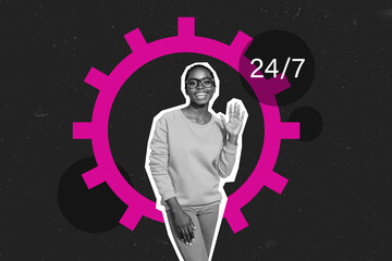 Composite trend artwork sketch image collage of silhouette young lady student work cogwheel gesture...