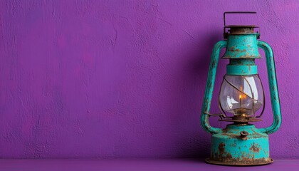 Green Antique Lantern Against Bright Purple Backdrop