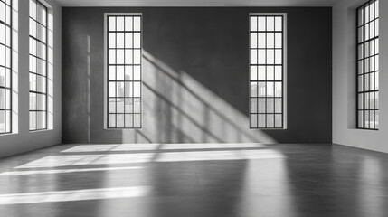 Obraz premium Spacious interior with large windows casting shadows on floor, creating modern and minimalist atmosphere. grey walls and concrete floor enhance contemporary feel