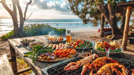 An Australian beach BBQ with grilled seafood, fresh salads, and a view of the ocean in the background