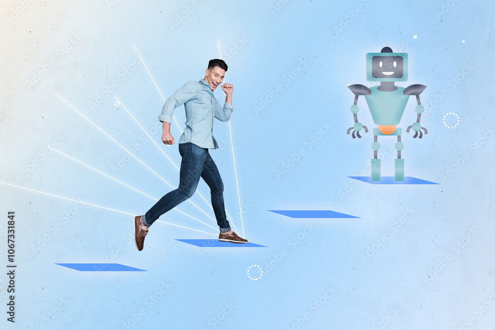 Poster composite trend artwork 3d sketch image collage of ai app artificial assistant data robot stand fing