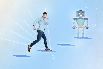 Composite trend artwork 3D sketch image collage of ai app artificial assistant data robot stand...