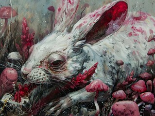 White Rabbit in a Surreal Mushroom Forest: A Whimsical Fantasy Art Painting