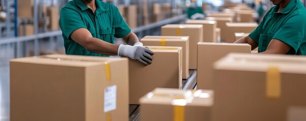Workers packing boxes in assembly line, seamless production, logistics