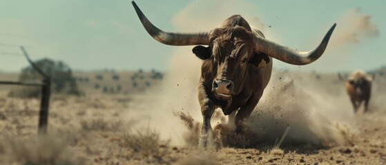 A powerful bull charges through the dusty terrain, embodying strength and raw energy in motion.