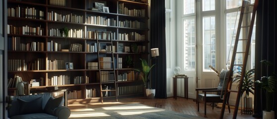 Obraz premium A stylish library with a large collection of books, ladder, and warm natural lighting enhancing the serene ambiance.