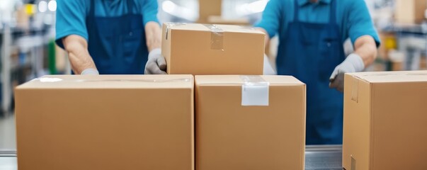 Workers packing boxes in assembly line, seamless production, logistics