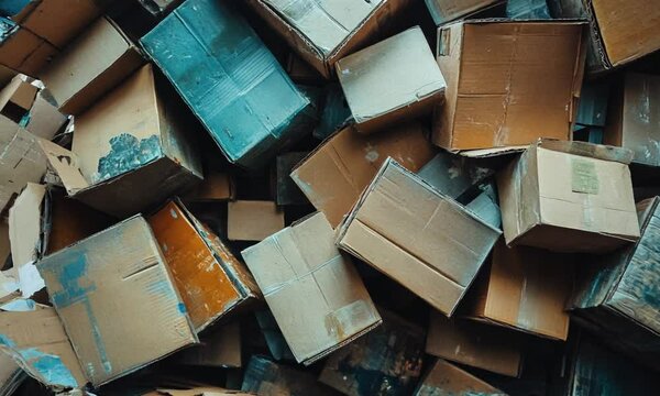 A chaotic pile of cardboard boxes in disarray.