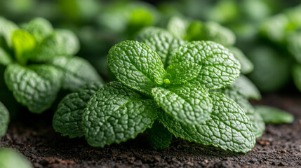 Fresh green peppermint leaves with textured surfaces, growing in rich soil, create vibrant and lively atmosphere. lush foliage adds refreshing touch to any setting