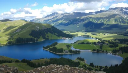 A breathtaking panoramic view of lush green mountains under a vibrant sky filled with fluffy clouds. Perfect for nature lovers and travel enthusiasts