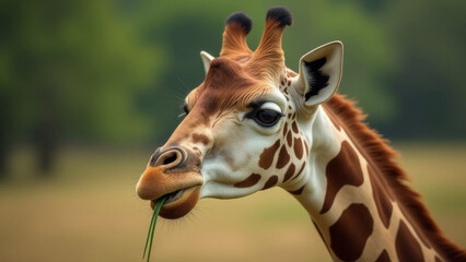 Obraz premium Giraffe eats grass in its natural habitat, wildlife.