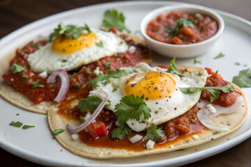 Fried Eggs on Crispy Tortillas with Salsa and Beans