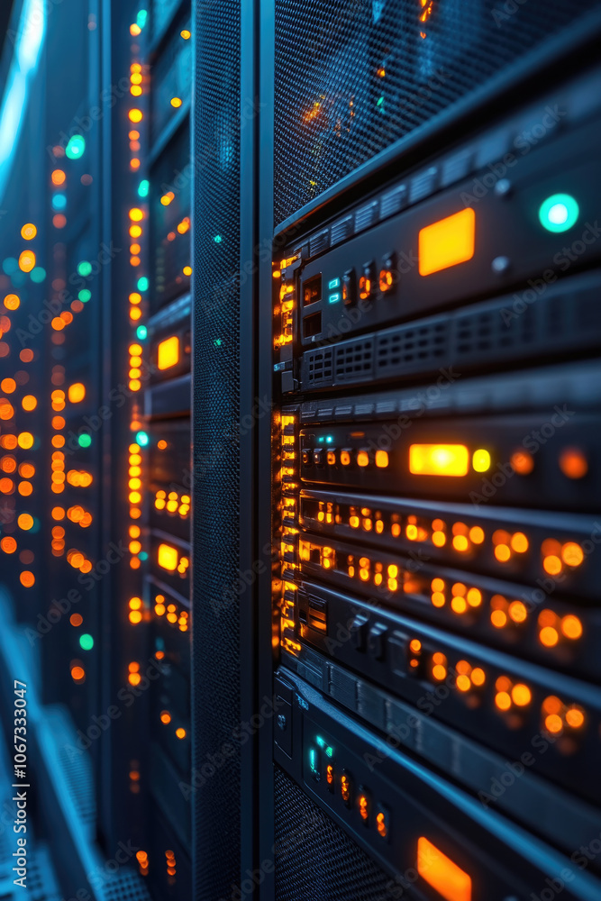 Poster rows of network servers illuminate with orange and green lights, reflecting a busy data processing e