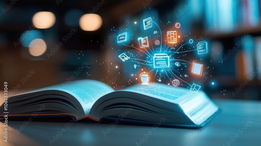 Poster open book with floating pages in a library setting