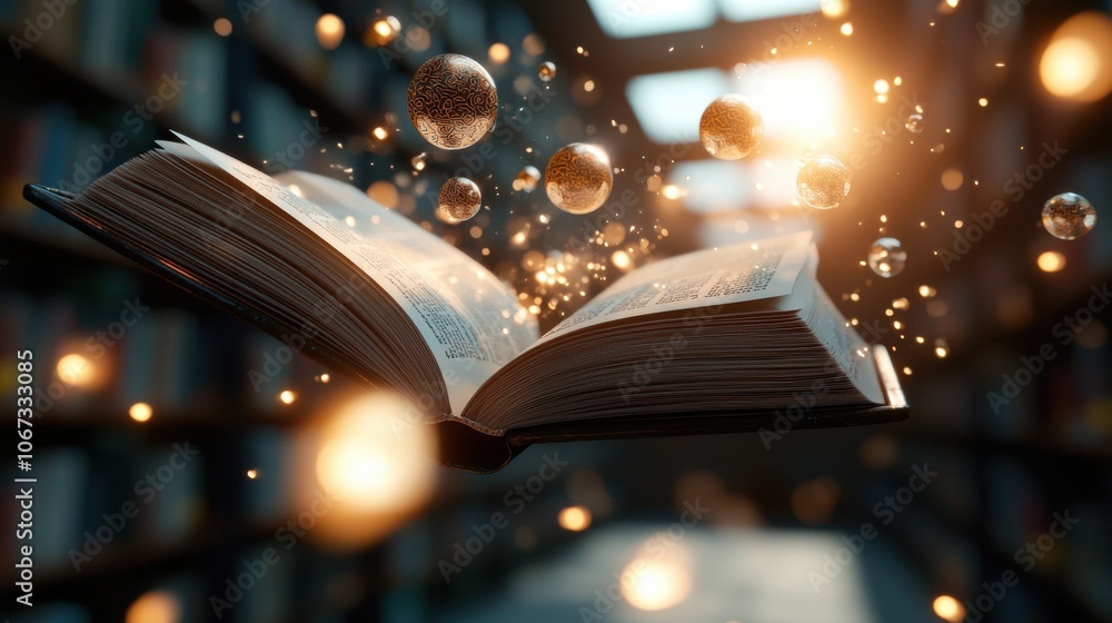Poster enchanted book unfolding in a vast library setting