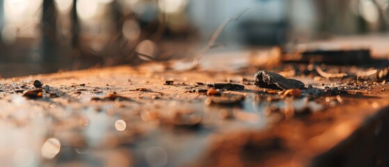 A gritty outdoor scene with scattered debris and rusty remnants bathed in warm sunlight, reflecting urban decay.