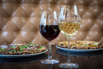 red wine, white wine and pizza